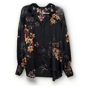 AllSaints Oana Stargazer Print Satin Shirt Women's 10 Black Floral Lace $210